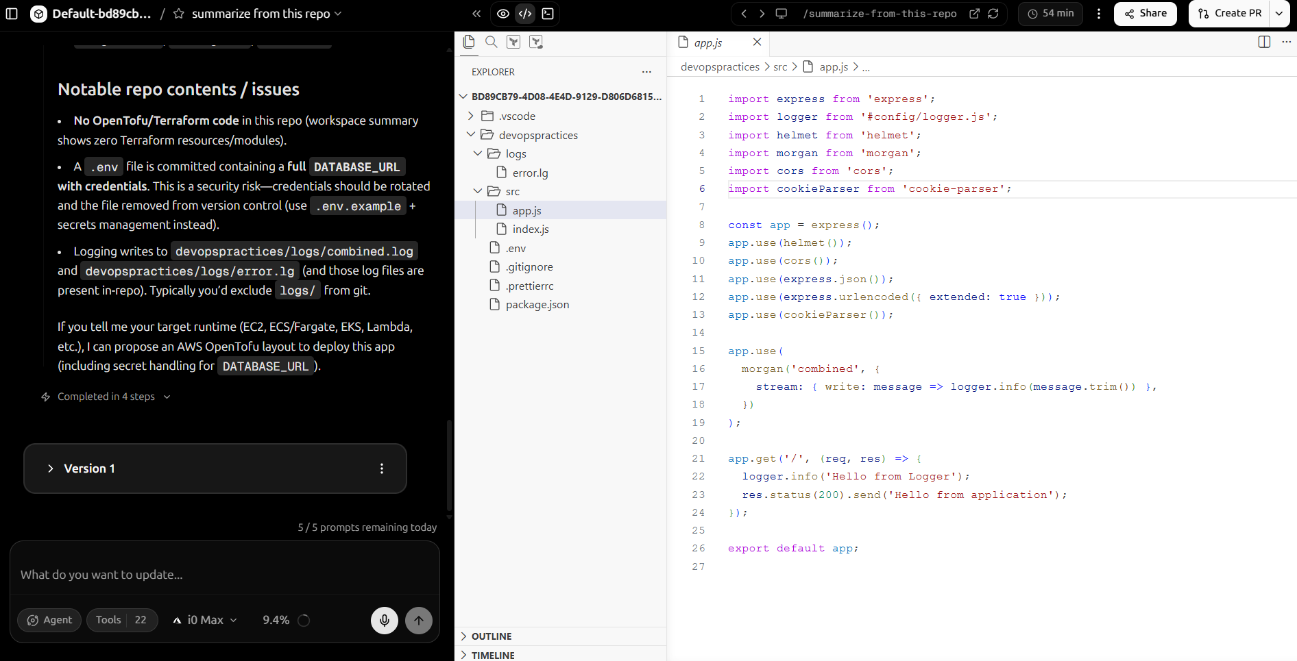 The INFRA0 workspace: the agent's summary of a repository on the left, the project files and source it produced on the right.