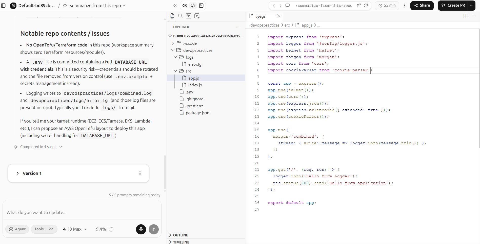 The INFRA0 workspace: the agent's summary of a repository on the left, the project files and source it produced on the right.