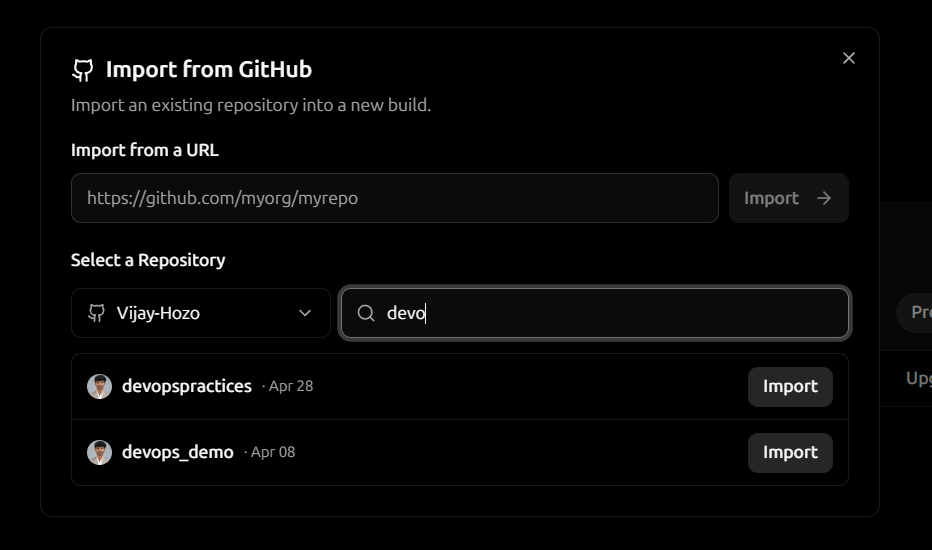 The INFRA0 import dialog, listing GitHub repositories available to import into a new build.