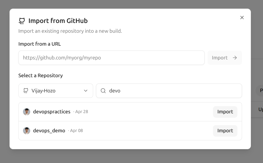 The INFRA0 import dialog, listing GitHub repositories available to import into a new build.